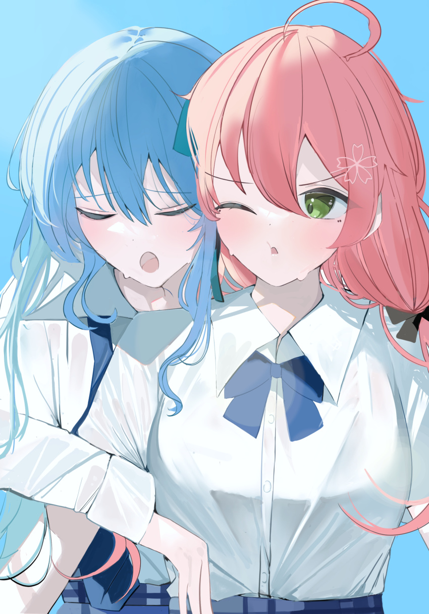 2girls, absurdres, ahoge, alternate_costume, blue_bow, blue_bowtie, blue_hair, blush, bow, bowtie, closed_mouth, face-to-face, green_eyes, hair_ornament, hairclip, half-closed_eyes, highres, hololive, hoshimachi_suisei, hot, hug, hug_from_behind, long_sleeves, multiple_girls, necktie, onigirimeshitya, open_mouth, pink_hair, puffy_cheeks, sakura_miko, school_uniform, shirt, shirt_tucked_in, short_sleeves, sweat, unworn_necktie, virtual_youtuber, white_shirt, yuri