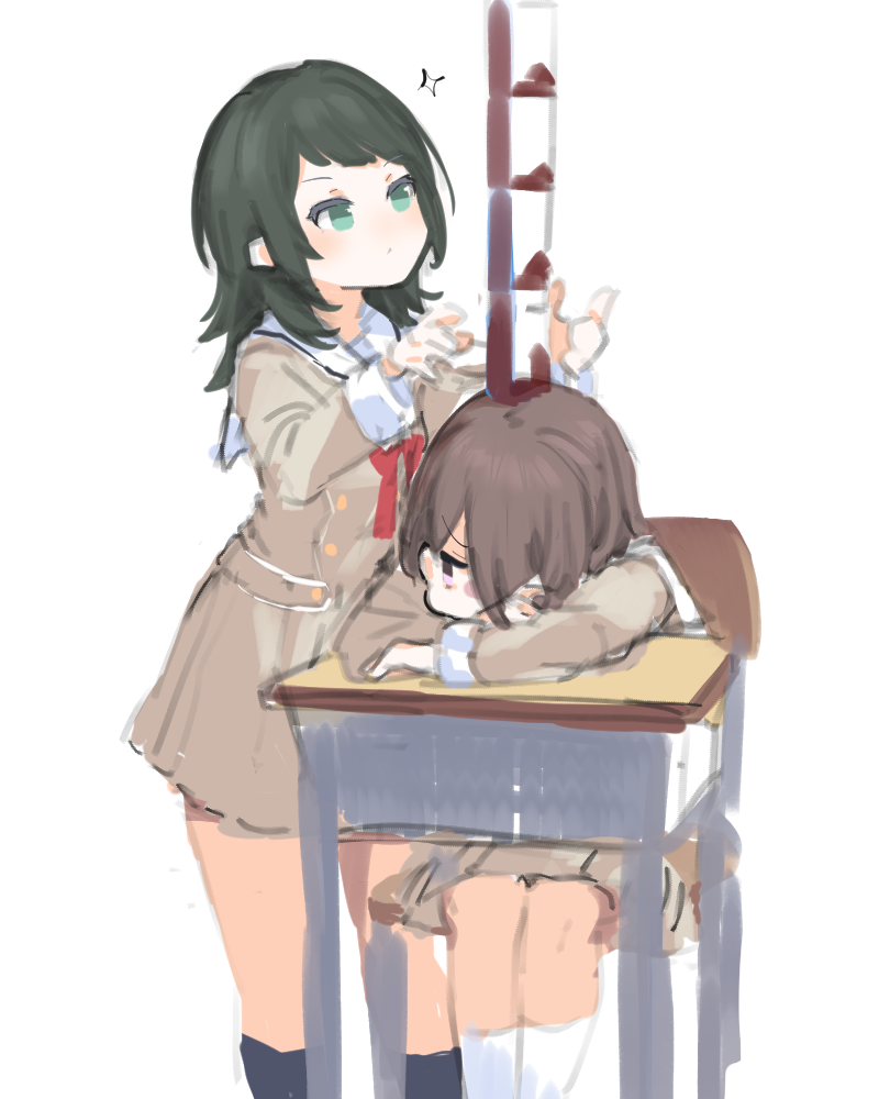 2girls, bang_dream!, bang_dream!_it's_mygo!!!!!, brown_dress, brown_hair, chair, commentary, desk