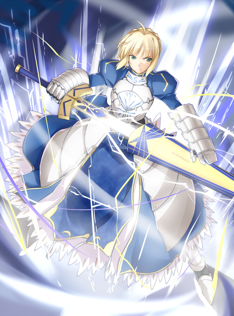ahoge, armor, blonde_hair, excalibur, fate/stay_night, fate_(series), green_eyes, saber