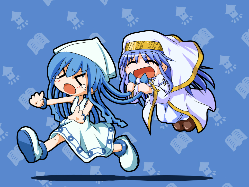 akasaka_takanari, blue_hair, chibi, closed_eyes, crossover, eyes_closed, habit, hat