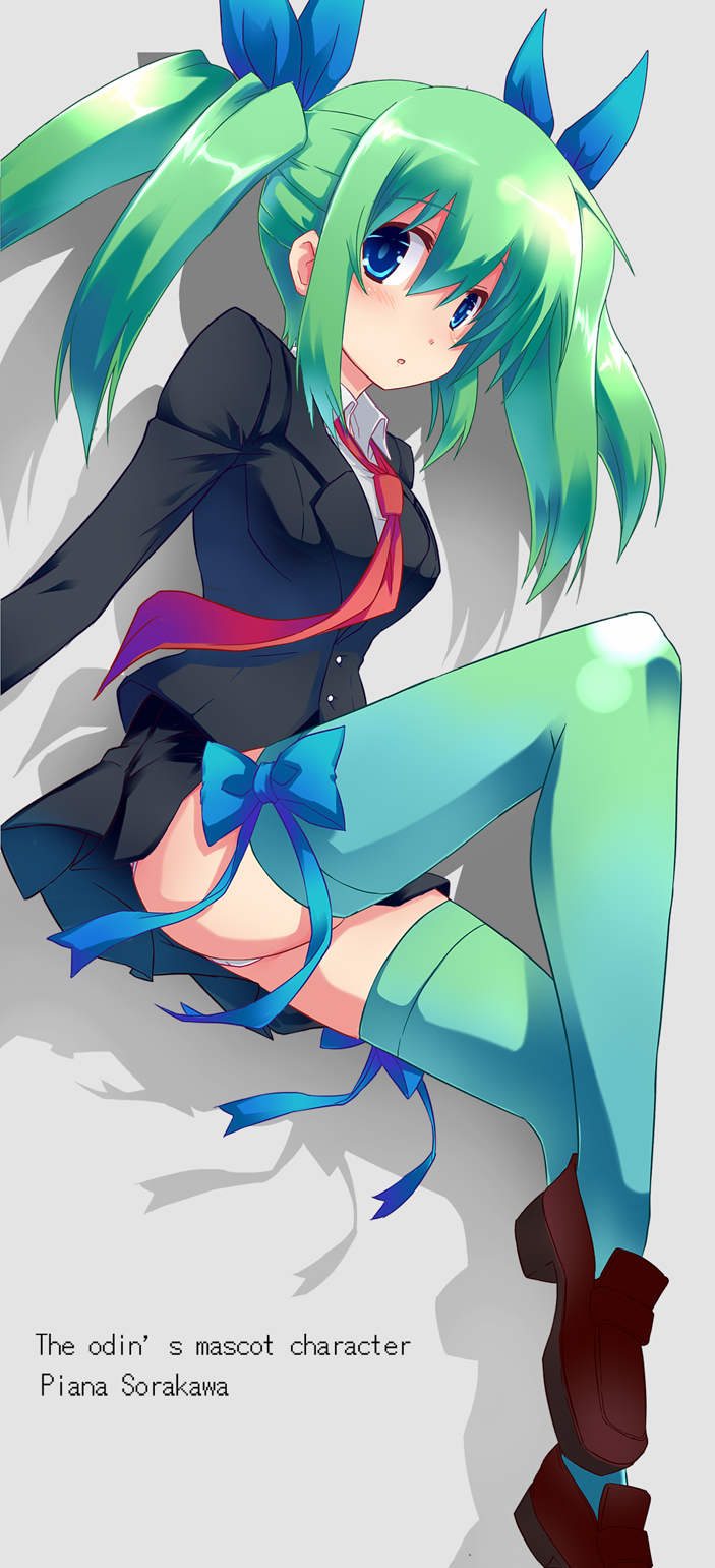 aqua_hair, blazer, blue_eyes, bow_legwear, bow_thighhighs, green_legwear, hair_ribbon, highres