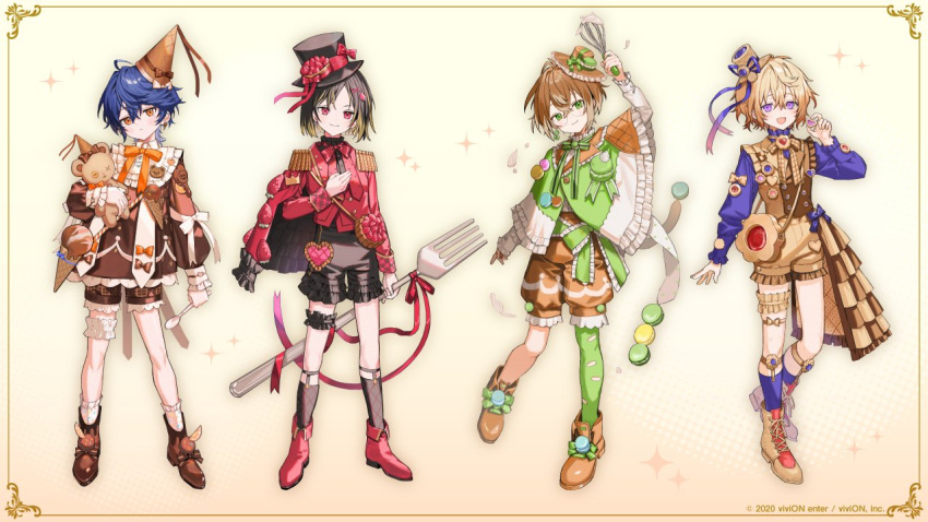 4boys, :d, :|, ahoge, ankle_boots, arm_at_side, arm_up, award_ribbon