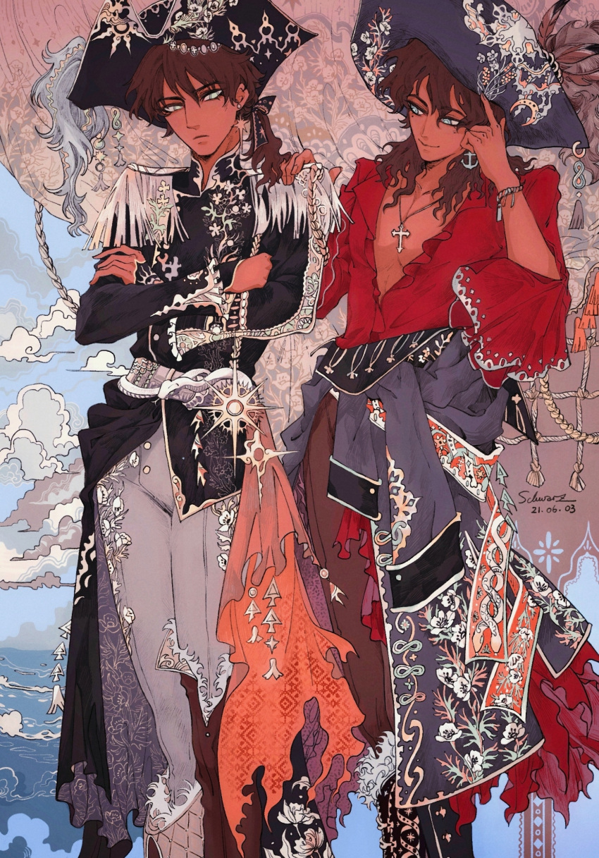 2boys, anchor_earrings, axis_powers_hetalia, blue_eyes, blue_sky, brown_hair, center_opening, clouds