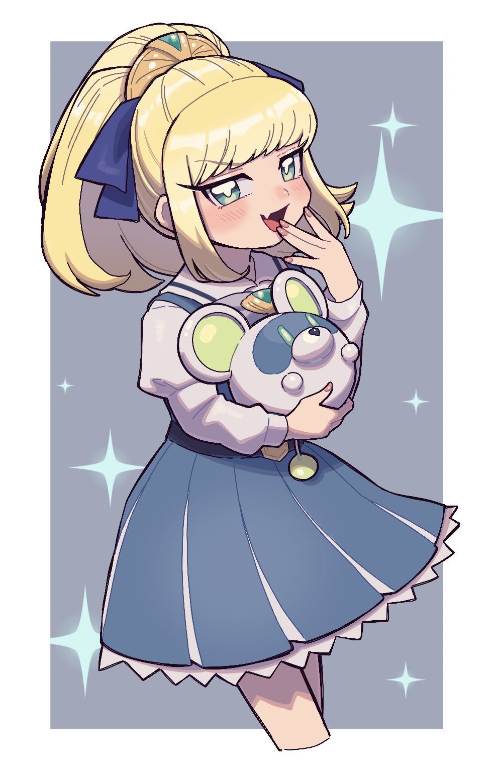 1girl, an-chan_(ananna0315), blonde_hair, blue_dress, blue_ribbon, blush, collared_shirt, commentary_request, covering_own_mouth, cowboy_shot, cropped_legs, dress, fang, green_eyes, grey_shirt, hair_ornament, hair_ribbon, hand_over_own_mouth, hand_up, highres, holding, juliet_sleeves, long_hair, long_sleeves, looking_at_viewer, mouse_(animal), okanega_arisu, open_mouth, outside_border, ponytail, puffy_sleeves, puniru_wa_kawaii_slime, ribbon, robot, shirt, skin_fang, smile, solo, sparkle