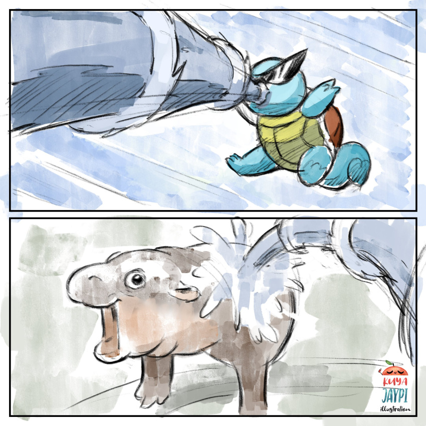 artist_name, black_eyes, english_commentary, highres, hippopotamus, kamina_shades, kuya_jaypi, midair