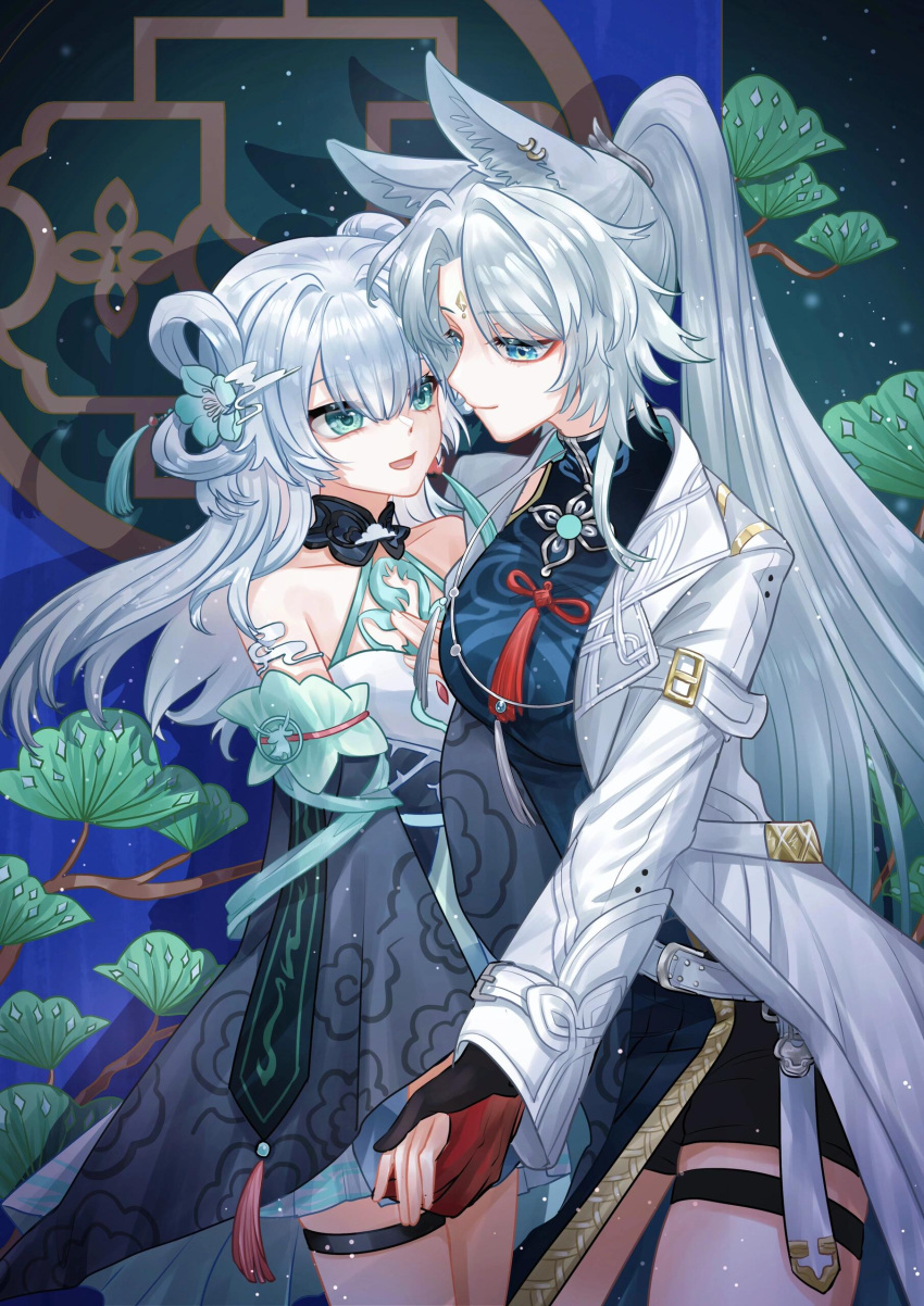 2girls, absurdres, animal_ear_piercing, animal_ears, bad_source, bare_shoulders, blue_eyes, chinese_clothes, coat, detached_sleeves, dress, facial_mark, feixiao_(honkai:_star_rail), fingerless_gloves, flower, gloves, green_eyes, hair_flower, hair_ornament, high_ponytail, highres, holding_hands, honkai:_star_rail, honkai_(series), jewelry, kelp_yeqing, long_hair, long_sleeves, looking_at_another, multiple_girls, open_mouth, ponytail, shuangyaji, smile, thigh_strap, white_hair, yuri