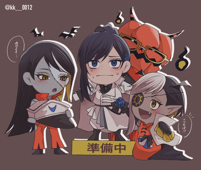 1other, 3girls, ado_(utaite), black_bow, black_bowtie, black_hair, blue_brooch, blue_eyes