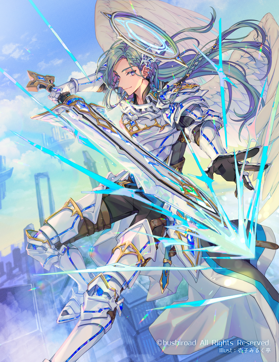 1boy, angel, angel_wings, aqua_hair, armor, armored_boots, belt, black_gloves