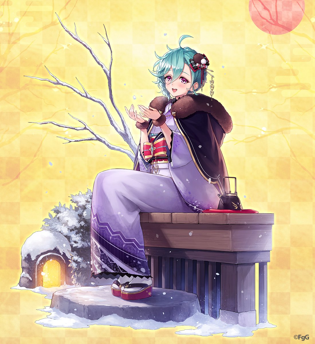 1girl, abaris_(phantom_of_the_kill), ahoge, aqua_hair, ayi_(gumi), blush, checkered_background, commentary_request, full_body, hair_behind_ear, hair_between_eyes, hair_ornament, hands_up, highres, japanese_clothes, kimono, looking_at_viewer, obi, official_alternate_costume, official_art, open_mouth, phantom_of_the_kill, pink_eyes, platform_footwear, purple_kimono, red_footwear, sandals, sash, second-party_source, sitting, snow, socks, solo, tabi, teeth, tree, upper_teeth_only, veranda, white_socks, zouri