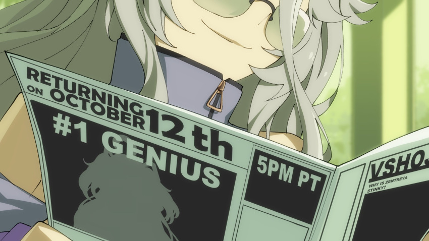 dress, glasses, grey_hair, hair_between_eyes, henya_the_genius, henya_the_genius_(1st_costume), highres, holding
