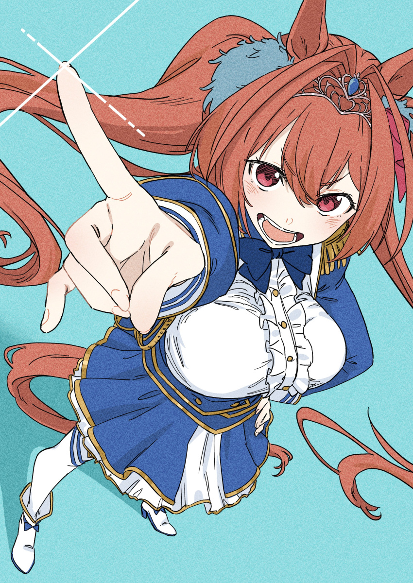 1girl, absurdres, animal_ears, blurry, blurry_background, breasts, brown_hair, daiwa_scarlet_(peak_blue)_(umamusume), daiwa_scarlet_(umamusume), highres, horse_ears, horse_girl, horse_tail, open_mouth, red_eyes, repurika, smile, solo, tail, tiara, twintails, umamusume