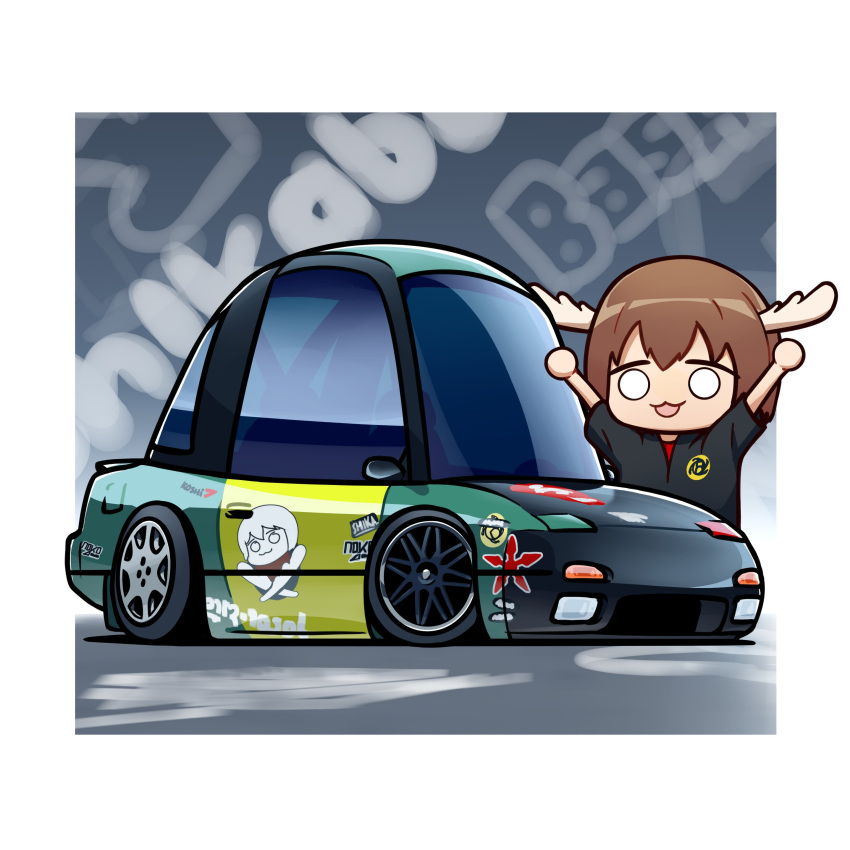 1girl, :3, absurdres, black_shirt, car, chibi, collared_shirt, duz