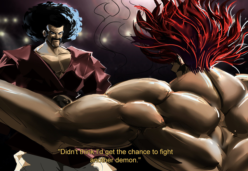 2boys, absurdres, afro, black_hair, collarbone, crossover, dragon_ball, dragon_ball_z, english_commentary, english_text, facial_hair, floating_hair, grappler_baki, hair_behind_ear, handlebar_mustache, hanma_yujiro, highres, long_hair, male_focus, mr._satan, multiple_boys, muscular, muscular_male, mustache, pants, pectoral_cleavage, pectorals, red_shirt, redhead, shirt, smile, subtitled, venommoe, white_pants