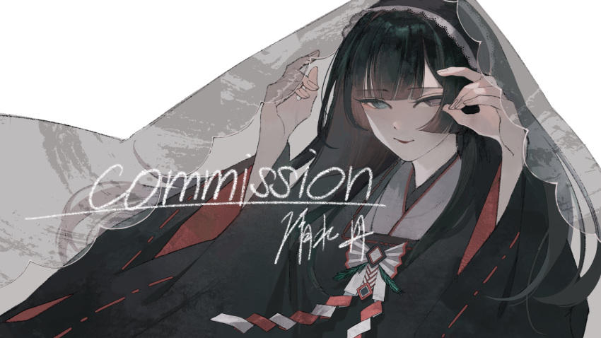 1girl, black_hair, black_robe, commentary_request, commission, hands_up, heterochromia, highres
