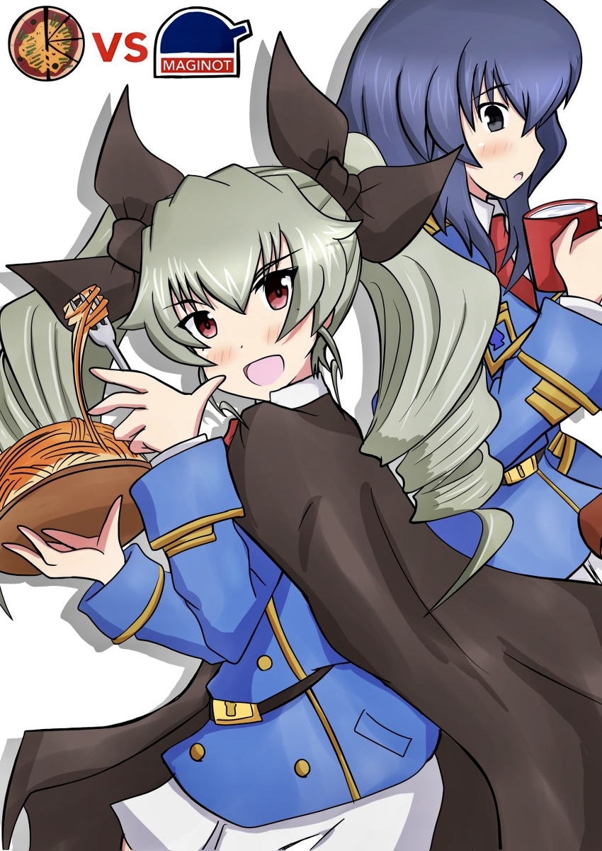 2girls, alternate_costume, anchovy_(girls_und_panzer), anzio_(emblem), black_cape, black_ribbon, blue_eyes, blue_hair