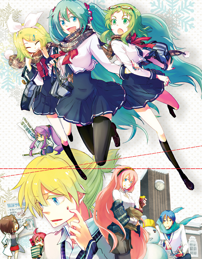 3boys, 6+girls, clock, eating, food, glasses, gumi, hair_ornament