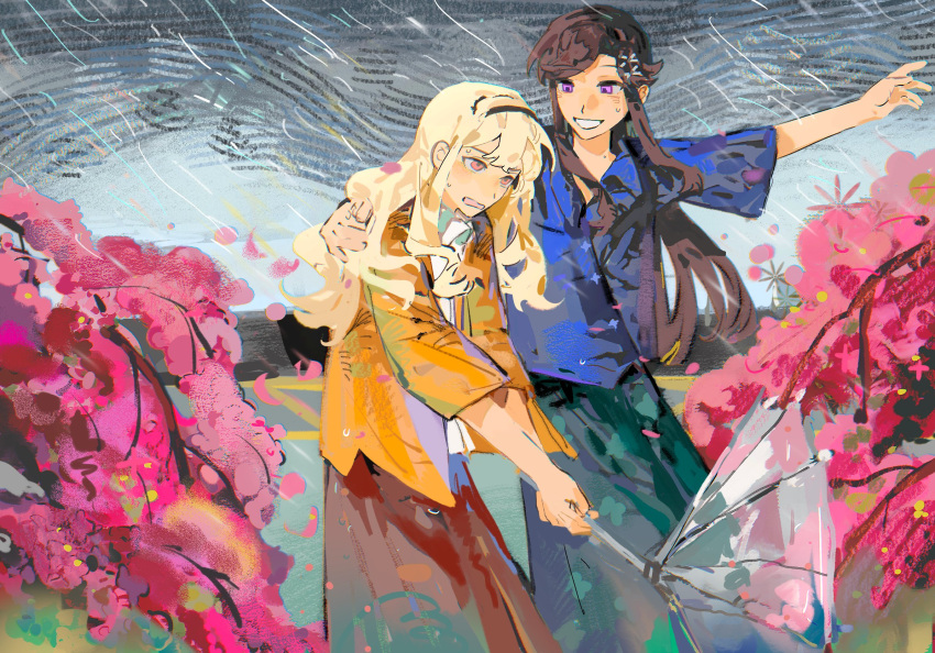 2girls, arm_behind_head, arms_up, black_headband, blonde_hair, blue_shirt, blunt_bangs, brown_hair, clenched_teeth, collared_shirt, commentary, couple, green_skirt, grey_sky, hair_down, hair_ornament, hairclip, headband, highres, holding, holding_umbrella, jacket, long_hair, long_skirt, long_sleeves, looking_down, looking_to_the_side, looking_up, multiple_girls, open_clothes, open_jacket, open_mouth, outdoors, pink_eyes, qngtidey132830, rain, red_skirt, saijou_claudine, shirt, short_sleeves, shoujo_kageki_revue_starlight, skirt, sky, smile, standing, sweatdrop, swept_bangs, symbol-only_commentary, teeth, tendou_maya, tree, umbrella, violet_eyes, wavy_hair, wet, white_shirt, yellow_jacket, yuri
