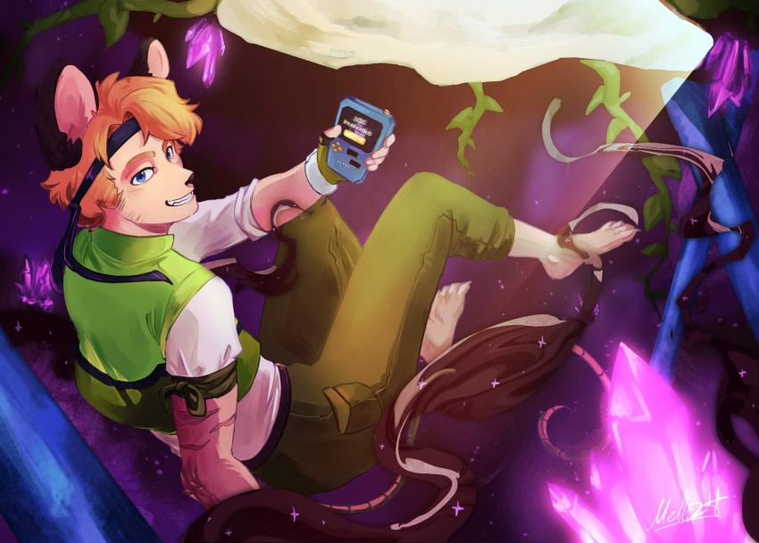 1boy, animal_ears, animal_nose, black_headband, blonde_hair, claws, commentary, crystal