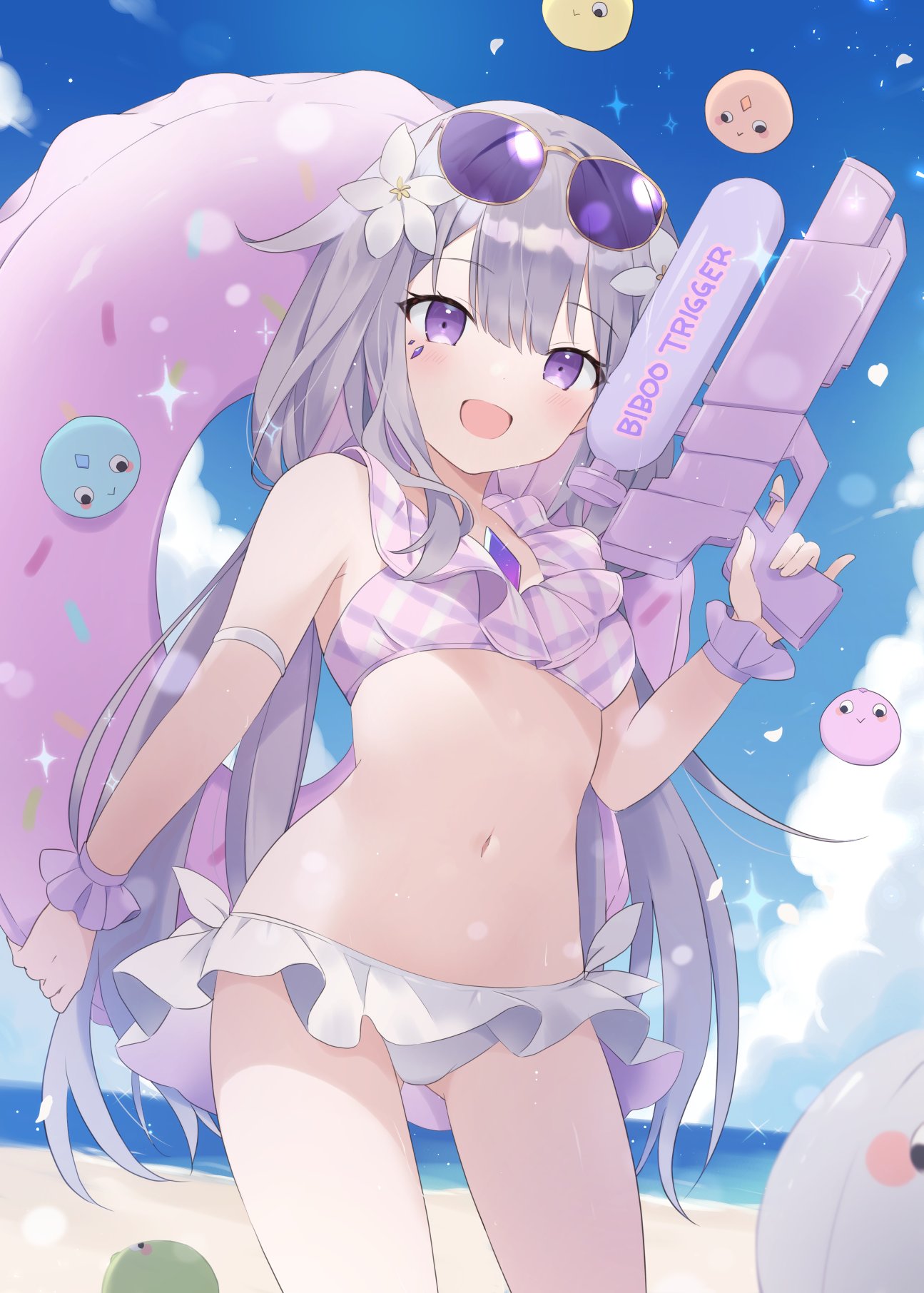 1girl, beach, bikini, colored_inner_hair, eyewear_on_head, flower, frilled_bikini, frilled_wristband, frills, gem, grey_hair, hair_flower, hair_ornament, highres, holding, holding_swim_ring, holding_water_gun, hololive, hololive_english, innertube, koseki_bijou, loveyuzu, mismatched_bikini, multicolored_hair, pebble_(koseki_bijou), pink_bikini, pink_innertube, plaid_bikini, plaid_clothes, purple-tinted_eyewear, purple_gemstone, smile, sunglasses, swim_ring, swimsuit, tinted_eyewear, violet_eyes, virtual_youtuber, water_gun, white_bikini, white_flower, wristband, yellow-framed_eyewear