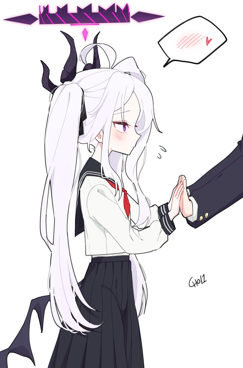 artist_name, blue_archive, choi1, dress, flying_sweatdrops, hair_ribbon, halo, hand_to_hand