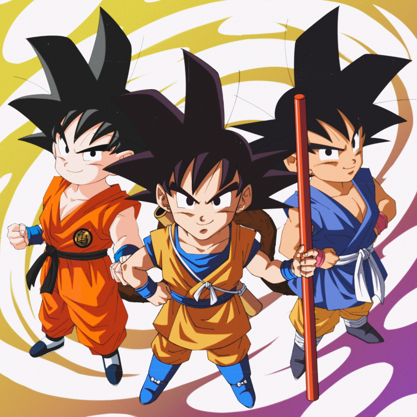 black_eyes, black_hair, blue_footwear, collarbone, commentary_request, dougi, dragon_ball, dragon_ball_(classic), dragon_ball_daima, dragon_ball_gt, highres, holding, holding_staff, holding_weapon, orange_pants, pants, ruyi_jingu_bang, son_goku, spiky_hair, staff, taidon0879, weapon, yellow_pants