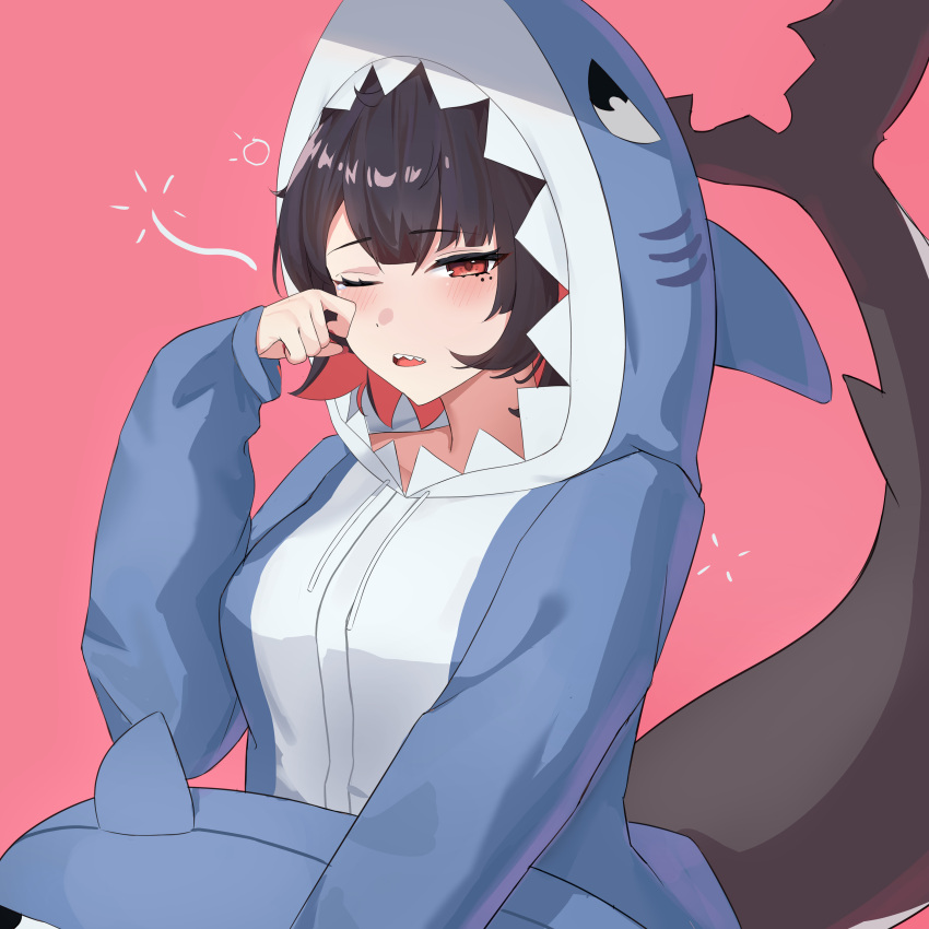 1girl, absurdres, alternate_costume, animal_hood, black_hair, ellen_joe, fins, fish_tail