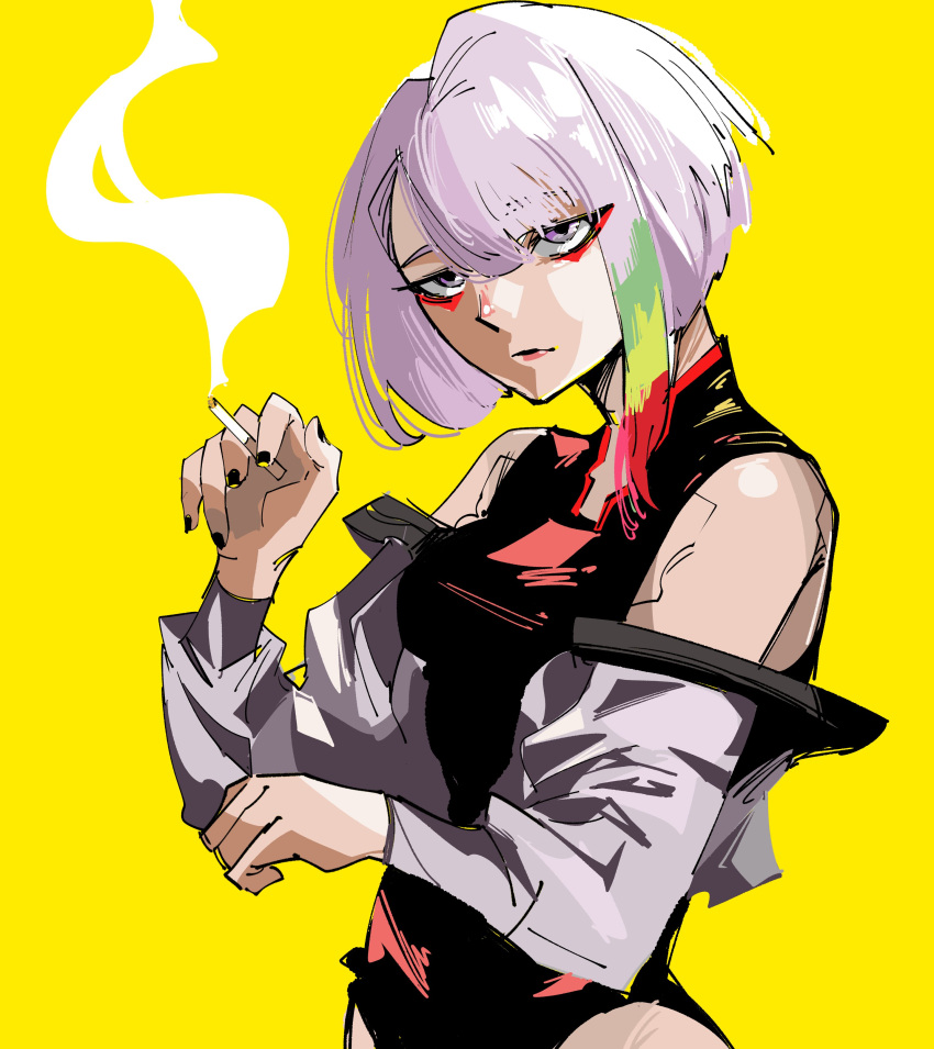 1girl, absurdres, bare_shoulders, black_leotard, cigarette, cyberpunk_(series), cyberpunk_edgerunners, expressionless