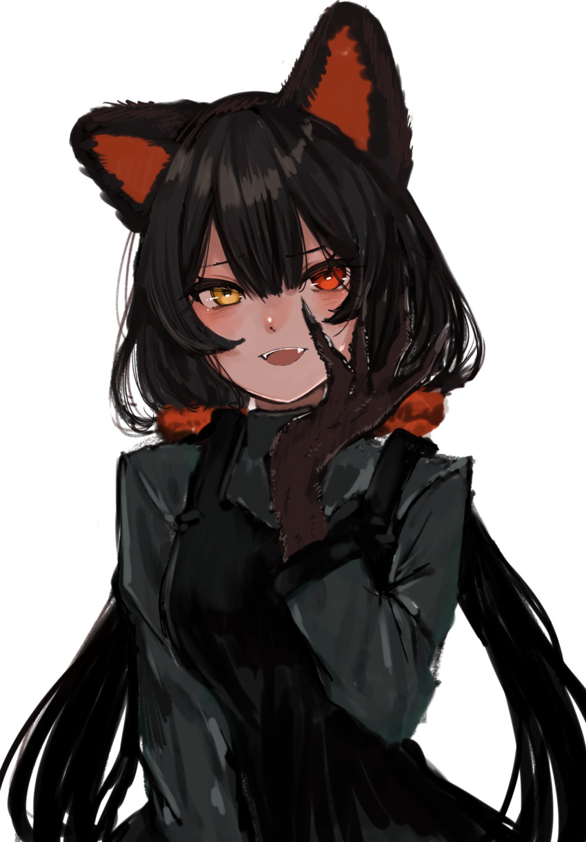 1girl, akua9696, animal_ears, animal_hands, black_dress, black_hair, breasts, brown_fur