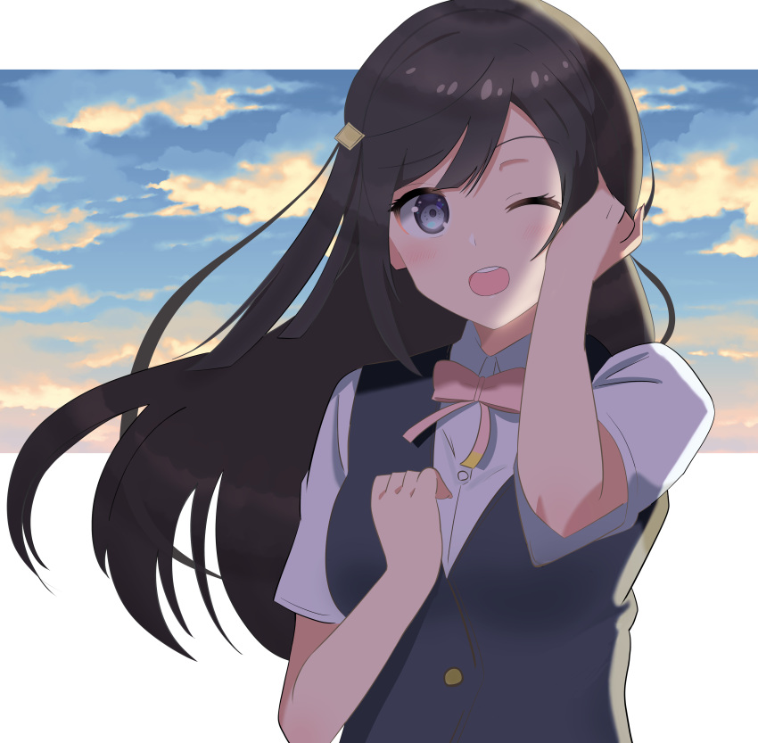 1girl, ;d, absurdres, black_hair, black_vest, blue_sky, breasts, clenched_hand