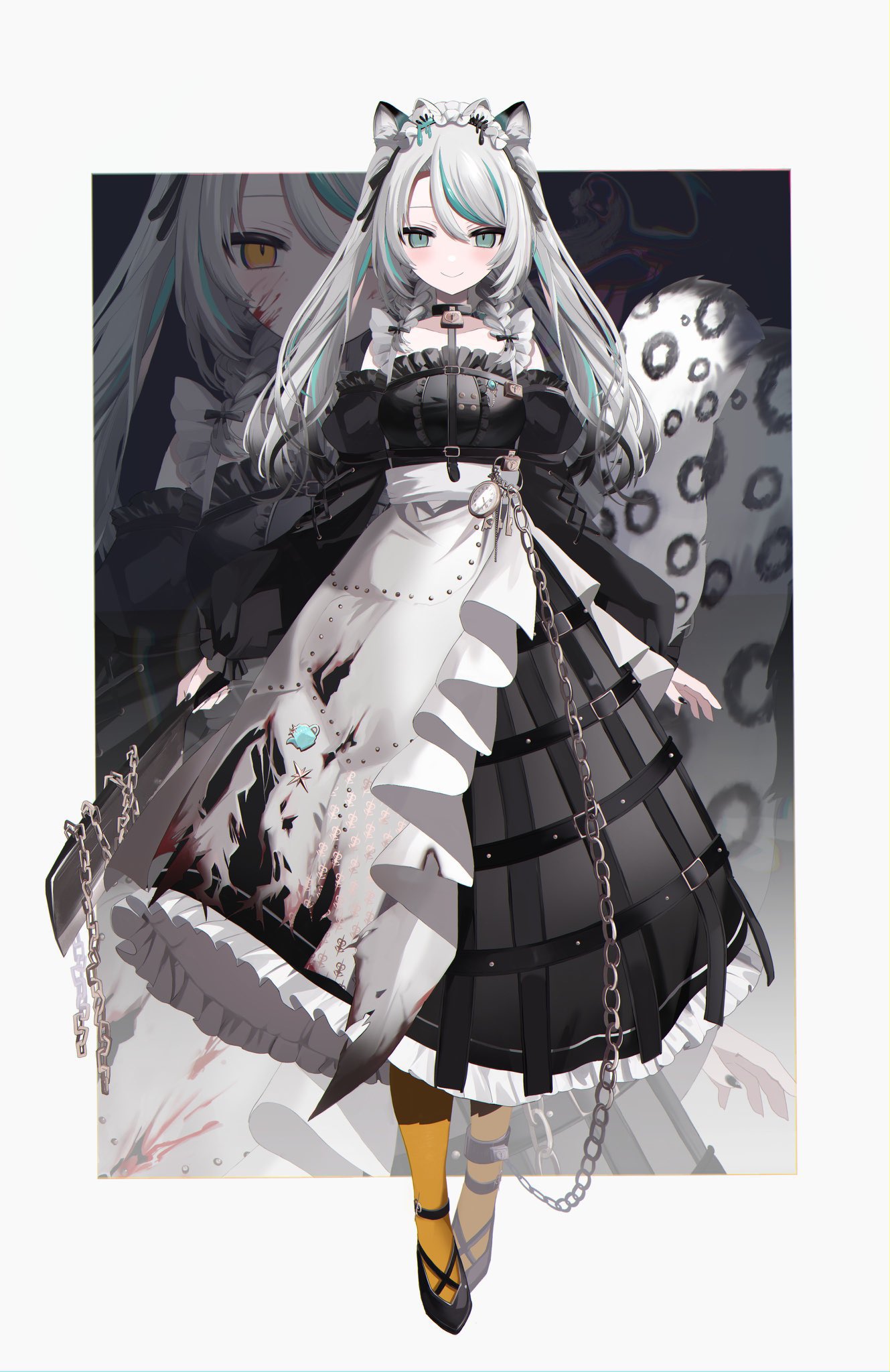 1girl, animal_ear_fluff, animal_ears, aqua_eyes, aqua_hair, belt, black_belt, black_dress, black_footwear, black_ribbon, blood, blood_on_face, blush, braid, chain, clock, closed_mouth, collarbone, dress, frilled_dress, frills, full_body, grey_hair, hair_ornament, hair_ribbon, highres, hinamori_anthea, holding, holding_weapon, indie_virtual_youtuber, leopard_ears, leopard_tail, lock, looking_at_viewer, multicolored_hair, nata_(tool), onodera_nire, ribbon, solo, standing, streaked_hair, tail, thigh-highs, twin_braids, two_side_up, virtual_youtuber, weapon, white_headdress, yellow_thighhighs