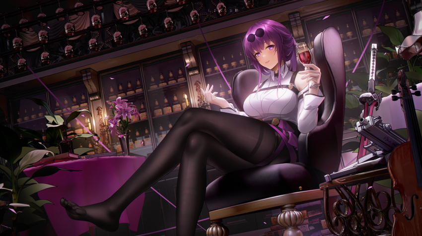 1girl, bar_(place), black_pantyhose, black_shorts, bottle, breasts, chest_harness, commentary