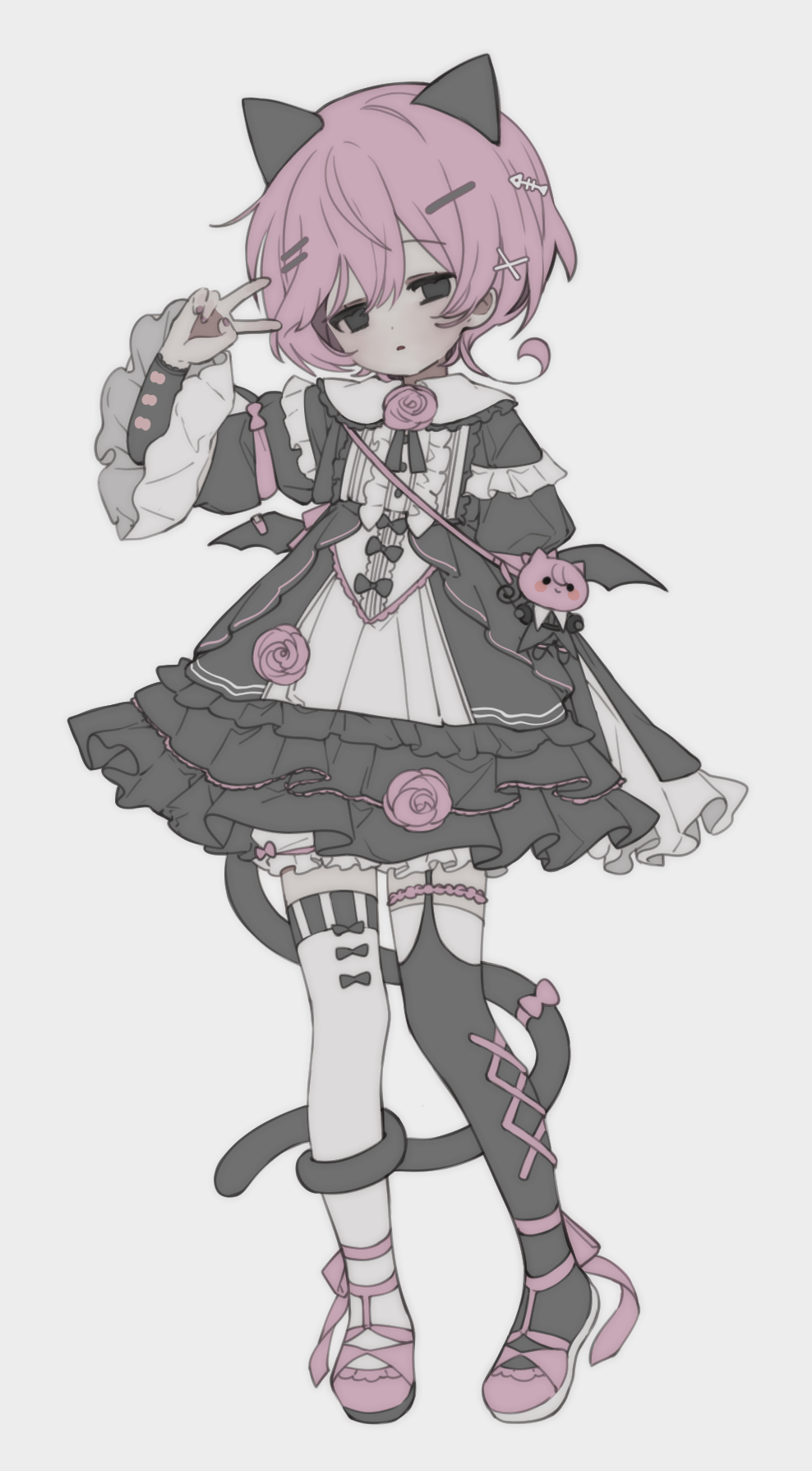 1girl, :o, ahoge, animal_bag, animal_ears, asymmetrical_legwear, bat_wings, black_dress
