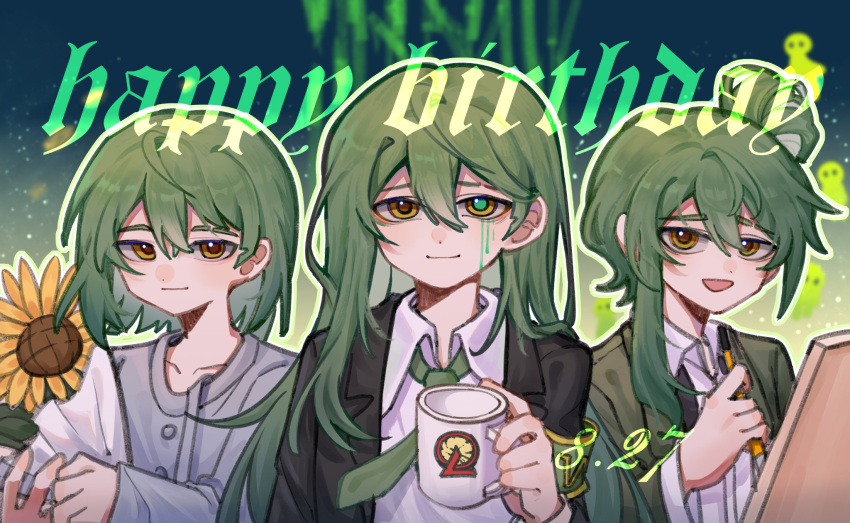 3boys, black_jacket, closed_mouth, coat, collared_shirt, cup, floor_of_art's_glowing_creature, flower, folded_ponytail, giovanni_(project_moon), green_coat, green_hair, green_necktie, grey_jacket, highres, holding, holding_cup, jacket, lapels, library_of_ruina, lihua_miliki, lobotomy_corporation, long_hair, long_sleeves, looking_at_viewer, mug, multiple_boys, multiple_persona, necktie, netzach_(project_moon), notched_lapels, open_mouth, project_moon, shirt, sidelocks, smile, sunflower, very_long_hair, white_shirt