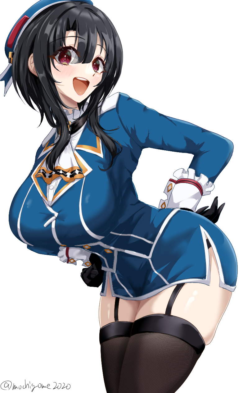 1girl, ascot, beret, black_gloves, black_hair, black_thighhighs, blue_hat, blush, breasts, chamumi_(mochiumee), garter_straps, gloves, hat, highres, kantai_collection, large_breasts, long_hair, looking_at_viewer, military, military_uniform, open_mouth, red_eyes, short_hair, skirt, solo, takao_(kancolle), thigh-highs, white_ascot