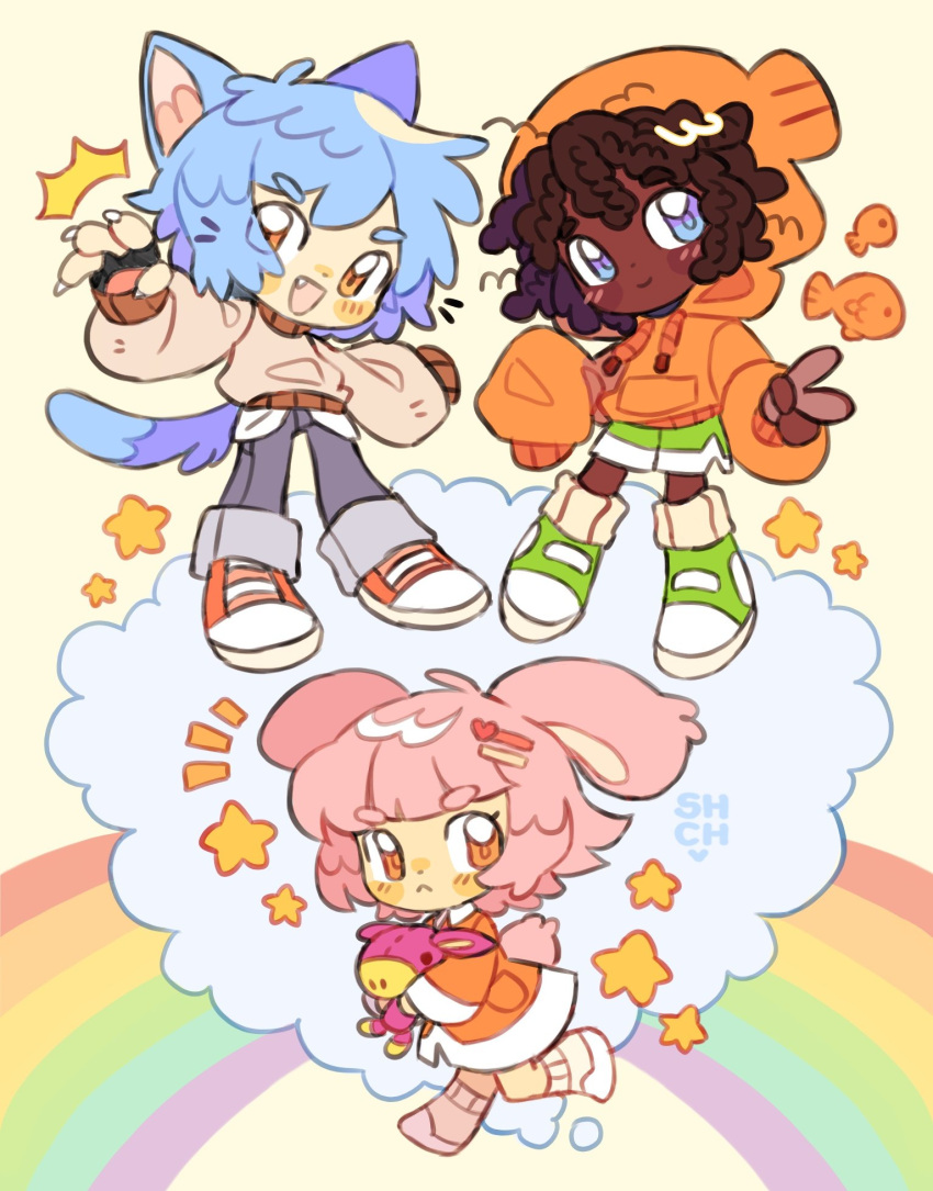 1girl, 2boys, anais_watterson, animal_ears, blue_eyes, blue_hair, blush, brother_and_sister