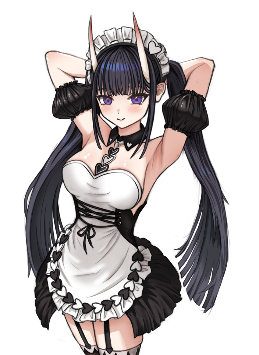 1girl, absurdres, apron, armpits, arms_behind_head, arms_up, azur_lane, black_corset
