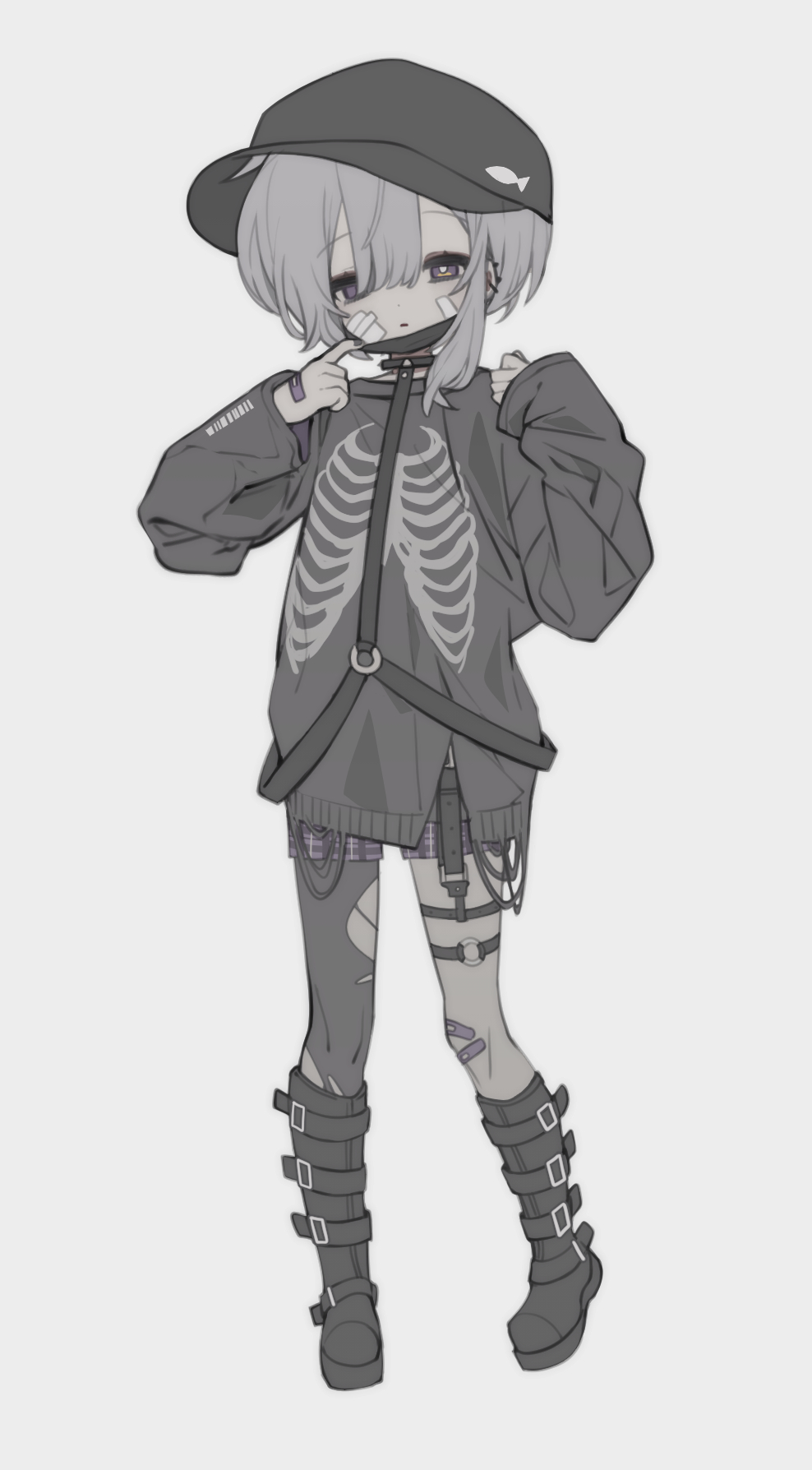 1boy, :o, alternate_costume, androgynous, animal_print, arms_up, asymmetrical_legwear, asymmetrical_sidelocks