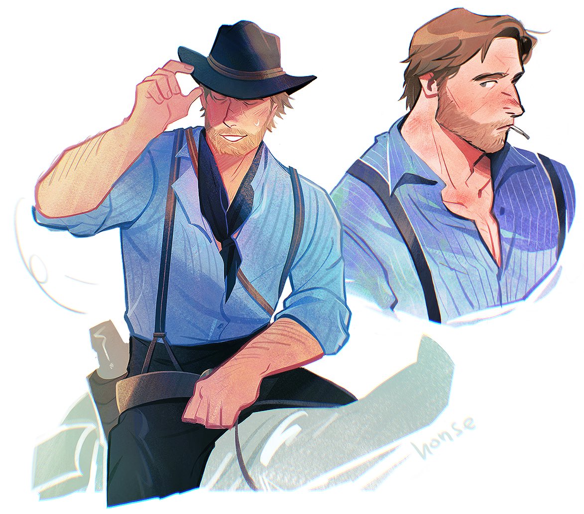 1boy, adjusting_clothes, adjusting_headwear, arm_hair, arm_up, arthur_morgan, bandana, bandana_around_neck, beard, black_bandana, black_hat, black_pants, blue_shirt, brown_hair, closed_eyes, collarbone, collared_shirt, commentary, cowboy_hat, english_commentary, facial_hair, gun, hat, holster, horseback_riding, light_brown_hair, looking_to_the_side, male_focus, multiple_views, open_collar, pants, red_dead_redemption_(series), red_dead_redemption_2, riding, salarryman, shirt, sideways_glance, simple_background, sleeves_rolled_up, smile, solo, striped_clothes, striped_shirt, suspenders, teeth, thigh_holster, vertical-striped_clothes, vertical-striped_shirt, weapon, white_background