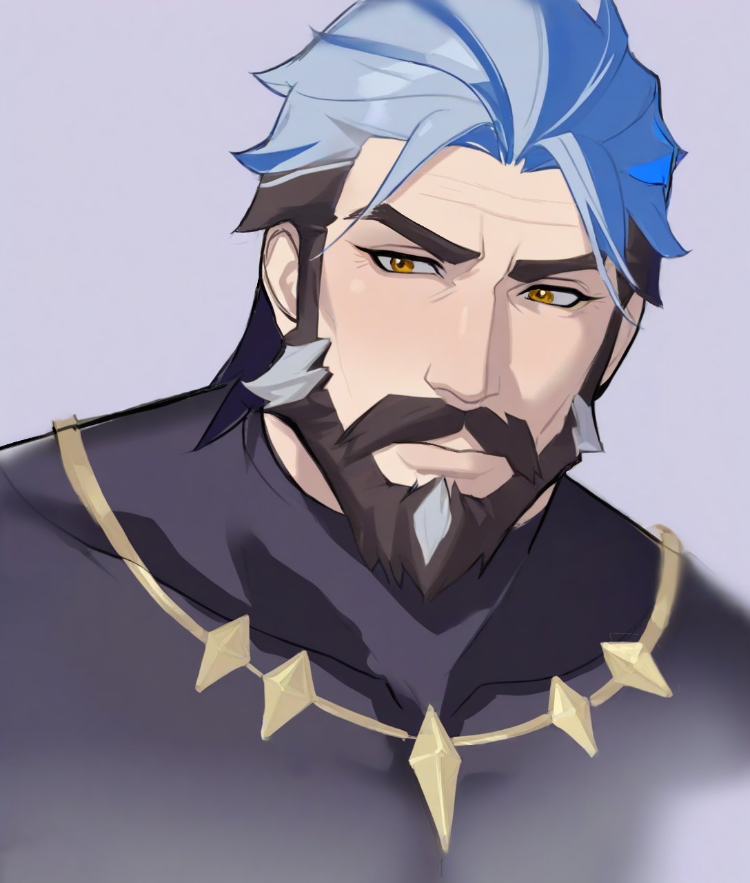 1boy, beard, black_hair, bluberryfey, brown_eyes, closed_mouth, facial_hair, grey_background