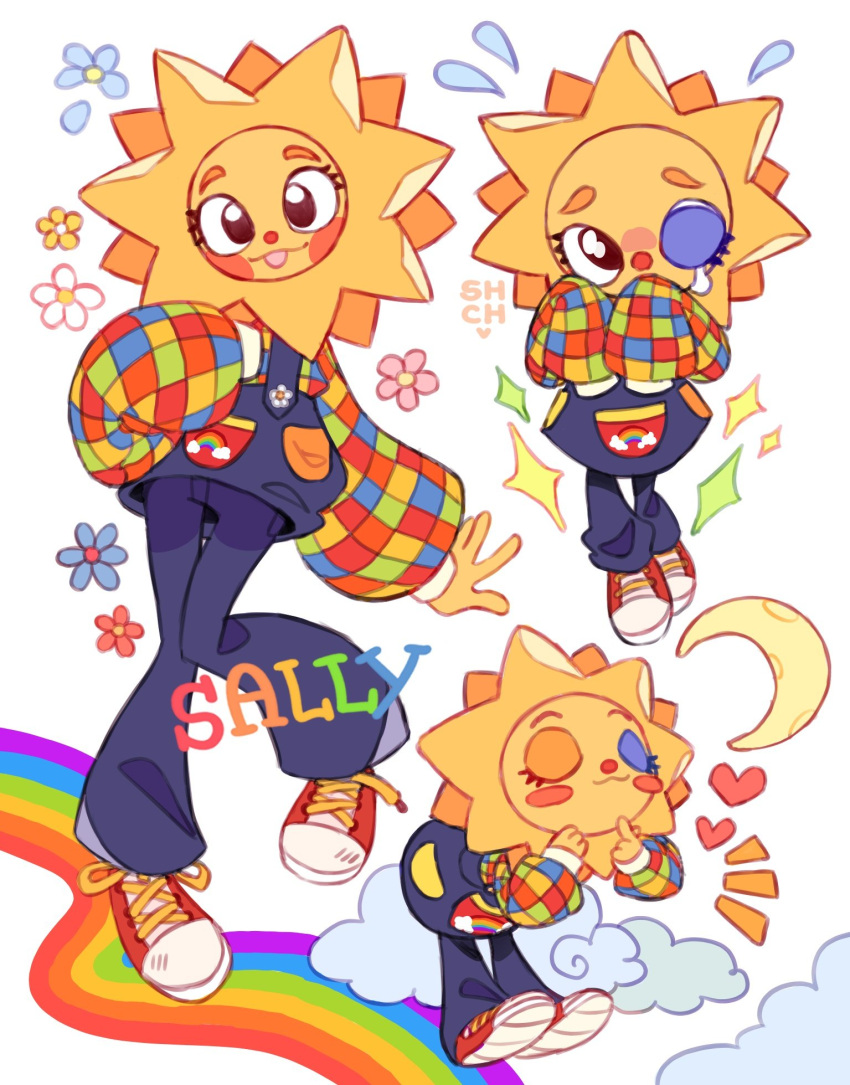 1girl, :3, blue_overalls, blush_stickers, chibi, clouds, colorful, commentary