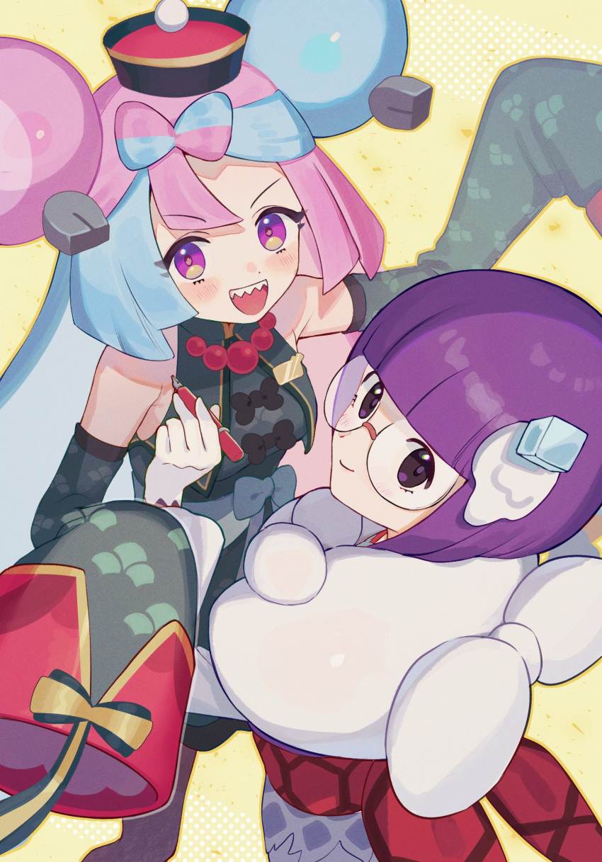 2girls, bare_shoulders, black_bow, blue_hair, bob_cut, bow, bow-shaped_hair, character_hair_ornament