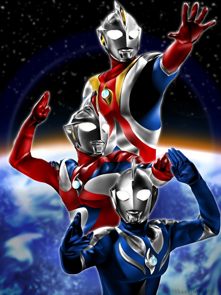 1boy, alien, arm_up, artist_name, atmospheric_layer, blue_skin, color_timer, colored_skin, commentary, compound_eyes, dorsal_fin, earth_(planet), fighting_stance, forehead_jewel, galaxy, glowing, glowing_eyes, hands_up, hanejidyna86, highres, looking_ahead, male_focus, multicolored_skin, multiple_views, open_hands, outstretched_hand, pectorals, planet, red_skin, sky, space, star_(sky), starry_sky, tokusatsu, twitter_username, ultra_series, ultraman_cosmos, ultraman_cosmos_(corona_mode), ultraman_cosmos_(eclipse_mode), ultraman_cosmos_(luna_mode), ultraman_cosmos_(series), upper_body, white_eyes