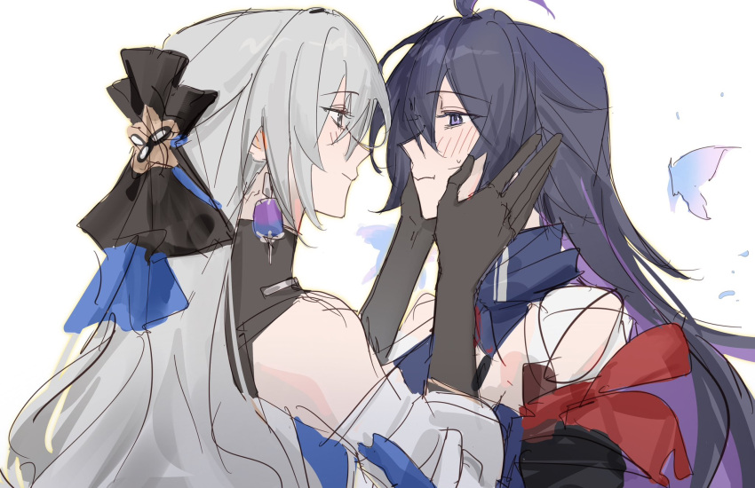 2girls, ahoge, bare_shoulders, black_gloves, blush, bronya_rand, closed_mouth, earrings, elbow_gloves, gloves, grey_eyes, grey_hair, hand_on_another's_face, highres, honkai:_star_rail, honkai_(series), jewelry, long_hair, mii_(mii_10297), multiple_girls, purple_hair, seele_(honkai:_star_rail), simple_background, smile, upper_body, violet_eyes, white_background, yuri