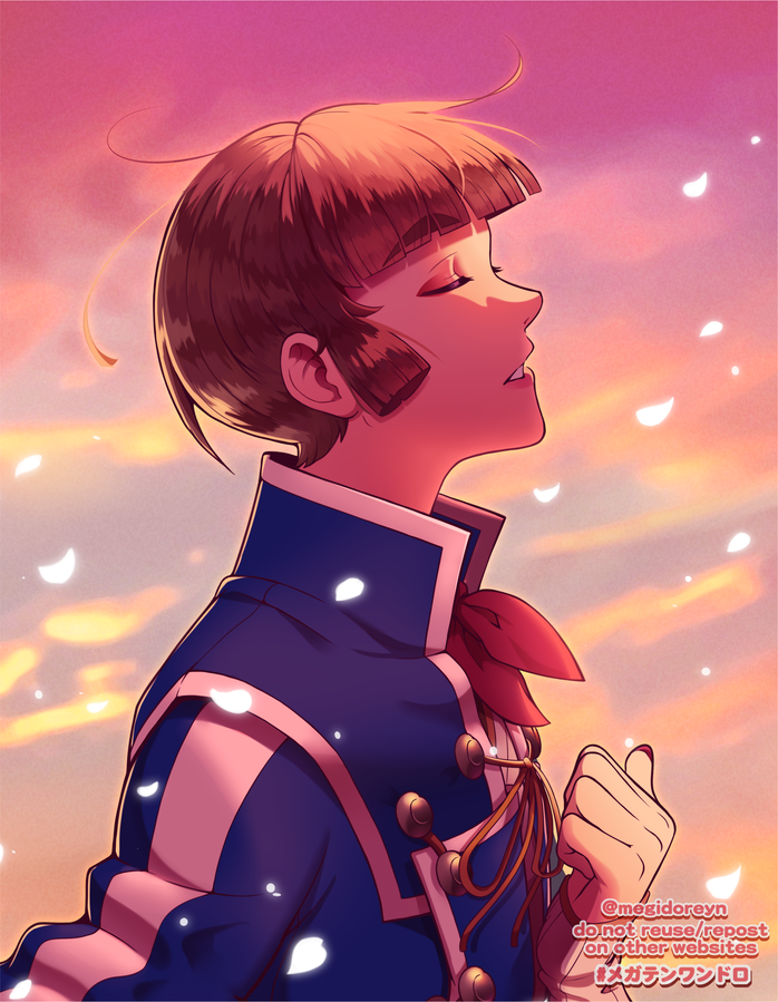 1girl, blue_jacket, blunt_bangs, brown_hair, buttons, closed_eyes, dusk, from_side