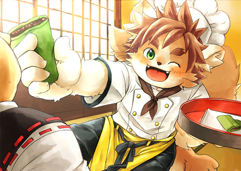 2boys, animal_ears, barefoot, blush, brown_hair, brown_neckerchief, chef, chef_hat