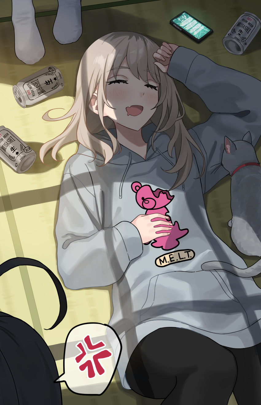 3girls, absurdres, ahoge, alcohol, anger_vein, awa_subaru, beer, beer_can