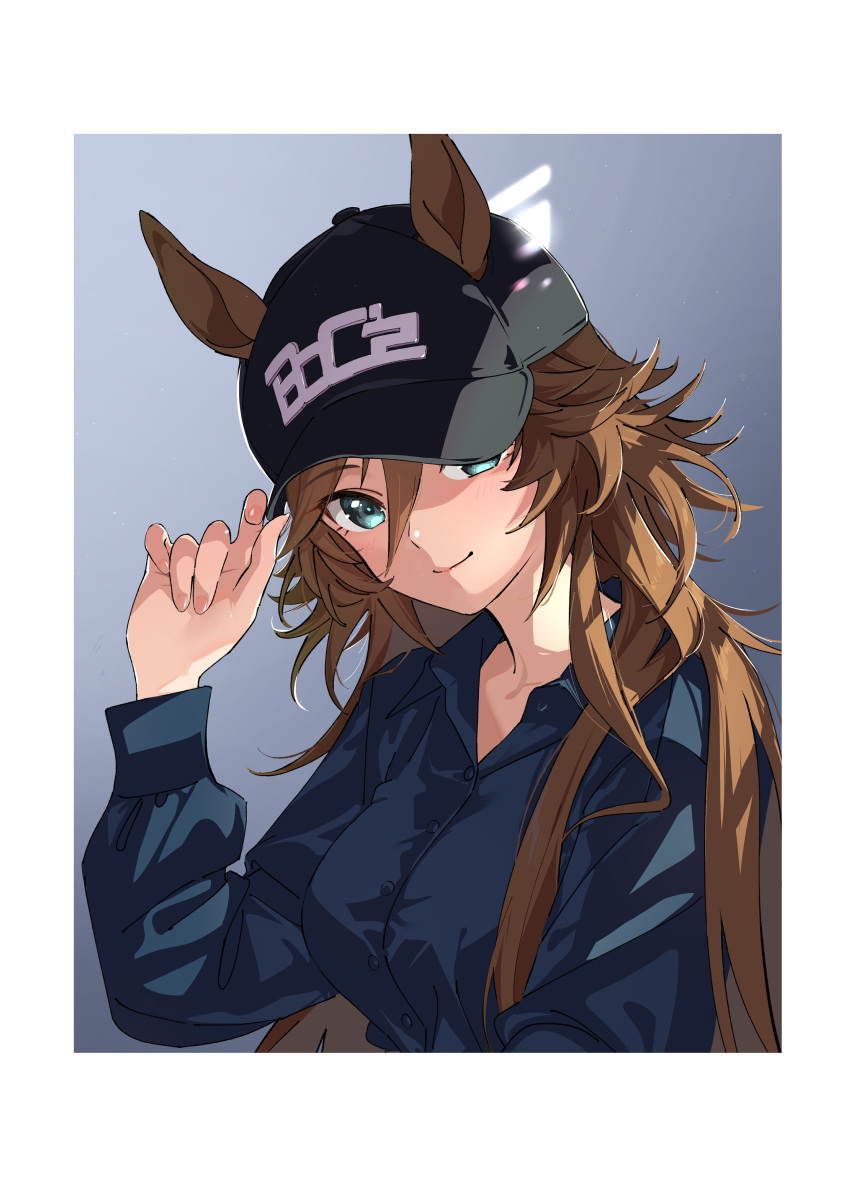 1girl, absurdres, baseball_cap, blue_shirt, boc'z_(umamusume), breasts, brown_hair, closed_mouth, collared_shirt, commentary_request, ears_through_headwear, green_eyes, hair_between_eyes, hand_on_headwear, hat, highres, long_hair, long_sleeves, looking_at_viewer, mr._c.b._(boc'z)_(umamusume), mr._c.b._(umamusume), shirt, small_breasts, solo, taromarun, umamusume, upper_body