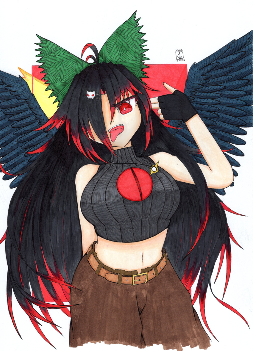 1girl, absurdres, alternate_costume, antenna_hair, black_gloves, black_hair, black_wings, bow