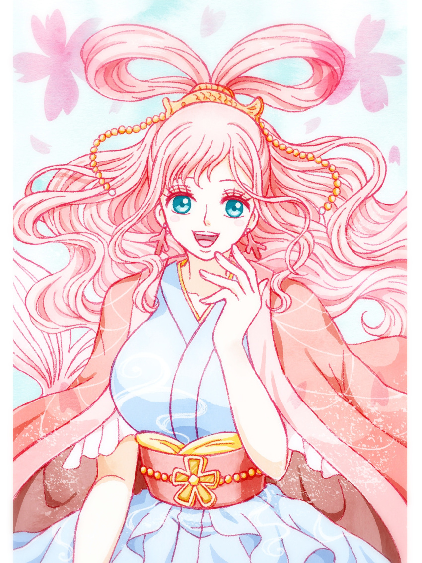 1girl, absurdres, blue_eyes, blue_kimono, commentary_request, coral_earrings, earrings, eyelashes, fish_hair_ornament, floating_hair, flower, hair_ornament, haori, highres, japanese_clothes, jewelry, kimono, littlesila, obi, one_piece, open_mouth, sash, shirahoshi, smile, solo, twintails