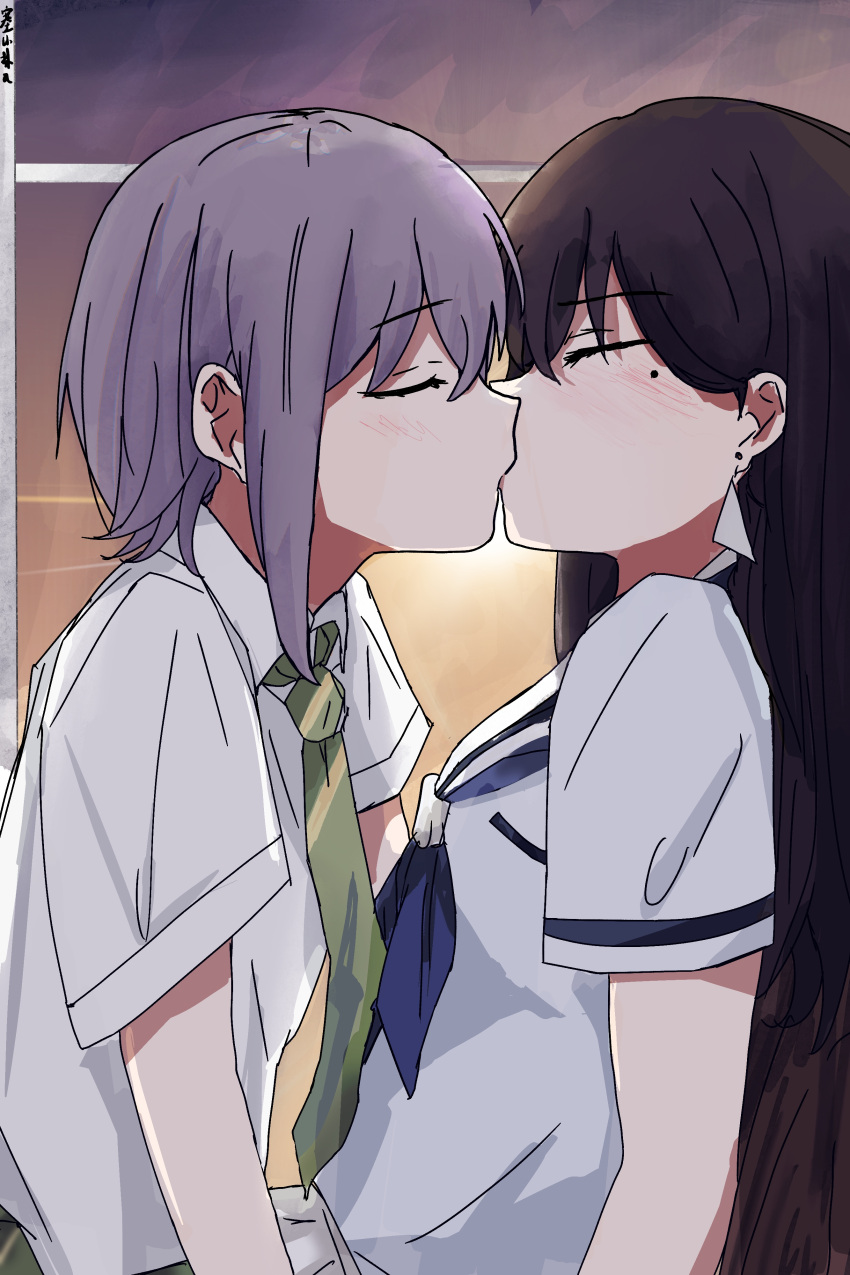 2girls, absurdres, bang_dream!, bang_dream!_it's_mygo!!!!!, blue_neckerchief, blush, brown_hair, chinese_commentary